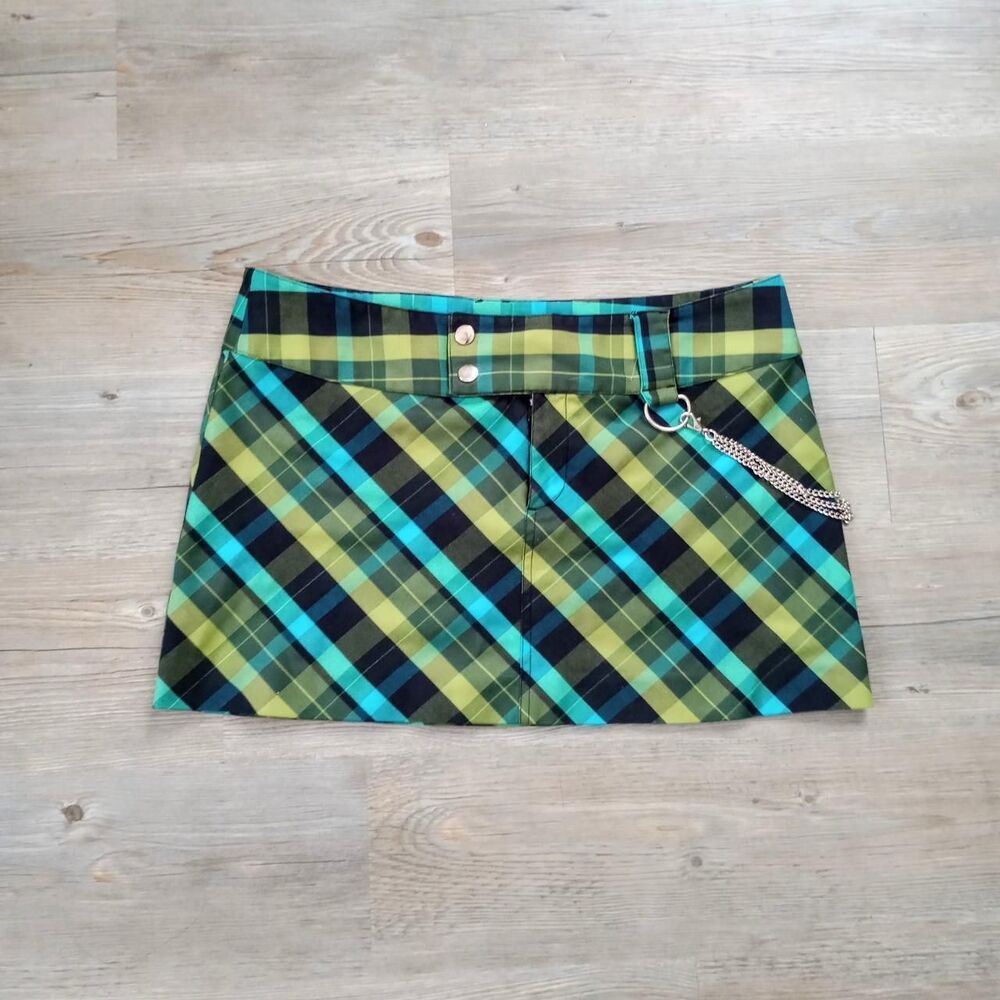 Y2K Green Plaid Silver Chain Mini Grunge Skirt